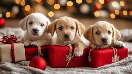 labrador retriever puppies with christmas gifts and lights on background