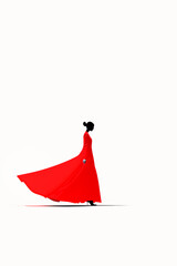 Wall Mural - A woman in a red dress is walking with her arms outstretched