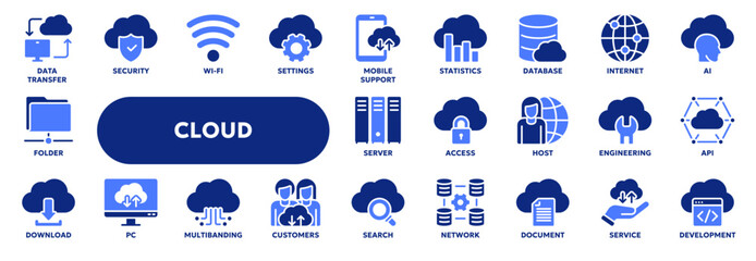 set of vector solid icons related to cloud computing technology and web file storage. symbols for we