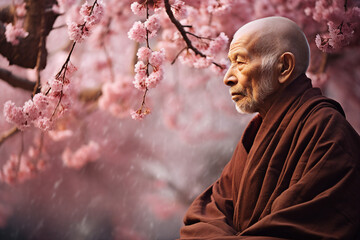 Wall Mural - Portrait of a senior Japanese man with sakura flower petals in the park. generative AI