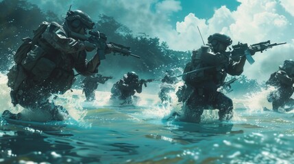 Image shows soldiers in combat gear wading through a river with guns and backpacks. Tense atmosphere with choppy water and cloudy sky.