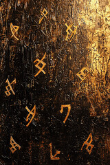 Canvas Print - Golden ancient hieroglyphs on the dark wall. Vertical background with mystic symbols