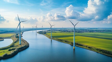 Aerial view of a wind farm in the Netherlands, with wind turbines in the water. The sky is blue and there are clouds in the background. The wind turbines are generating clean energy.