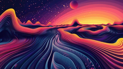 Wall Mural - Psychedelic abstract landscape with vibrant colors and swirling patterns under a cosmic night sky. Generative AI