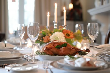 A traditional festive table set for Thanksgiving