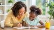 © Luckystation - African American kid girl doing homework, mother help and supports