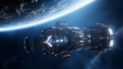 Wall Mural - futuristic spaceship orbiting earth in deep space