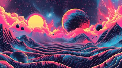 Wall Mural - Colorful abstract psychedelic landscape with vibrant planets and surreal mountain formations during a cosmic twilight. Generative AI