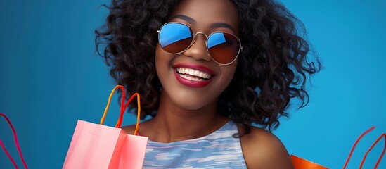 Poster - Happy African American woman with shopping bags, wearing sunglasses, blue background, joyful portrait.