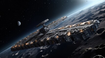 Wall Mural - futuristic space station orbiting a planet