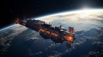 Wall Mural - futuristic spacecraft orbiting earth - science fiction artwork