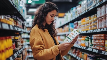 Woman reading product label in grocery store aisle
