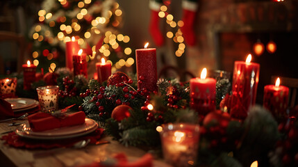 Aufkleber - Christmas table setting with burning candles and garland on a wooden table with christmas tree in background out of focus