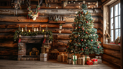 Aufkleber - Festive christmas tree and gift boxes in a warm, fireplace-adorned living room for the holidays