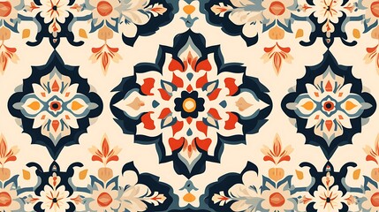 Seamless pattern with traditional floral and geometric motifs in a vibrant color palette.