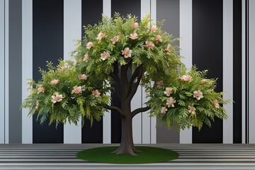 Acer Saccharinum Trees 3D Simulation with Colorful Floral Foliage on Striped Background