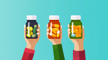 Colorful bottles of dietary supplements held by hands against a soft blue background, showcasing diverse capsules and tablets.