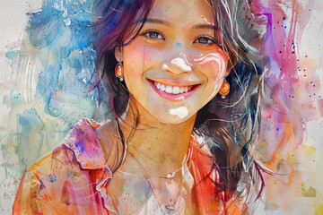 Wall Mural - Watercolor portrait of a smiling Asian woman