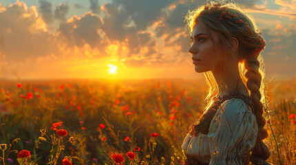 Wall Mural - A woman stands in a field of red flowers, looking out at the sunset. The scene is serene and peaceful, with the woman's long hair blowing in the wind. The sun is setting in the distance