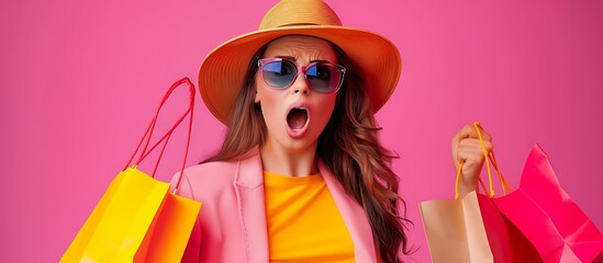 Poster - Girl with sunglasses and hat, holding shopping bags, surprised expression, isolated pink background.