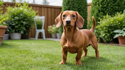 Red smooth haired dachshund dog in the garden