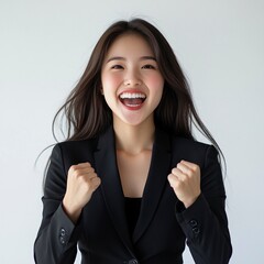 Wall Mural - Portrait of a Young attractive Asian woman in a black business suit feeling euphoric celebration online win success achievement result. Success, win, victory, triumph, congratulation, generative ai