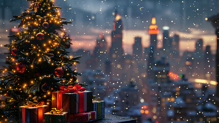 Wall Mural - Snow-covered christmas tree with ornaments and lights stands on a rooftop overlooking a city at sunset