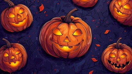 An image featuring several glowing Jack-o'-lantern pumpkins with different expressive faces. The background is dark and scattered with a few orange leaves, creating a spooky atmosphere.