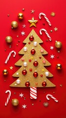 Poster - Festive Christmas Tree with Ornaments and Candy Canes on Red Background