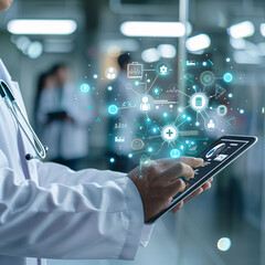 a doctor using tablet with hand and analyzing the patient health and report 