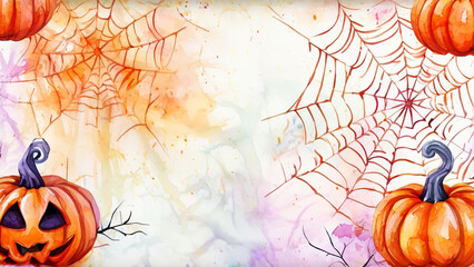 Wall Mural - Abstract Watercolor Background for Halloween with Jack O Lantern and Spider Web, Spooky and Artistic