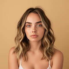 Wall Mural - Portrait of a young woman with long blonde wavy hair looking directly at the camera with a neutral expression.