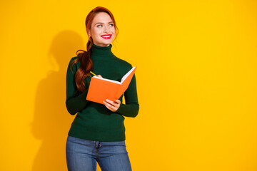 Canvas Print - Photo of shiny attractive lady dressed green sweater writign story looking empty space isolated yellow color background