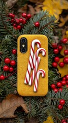 Yellow Knitted Phone Case with Candy Cane Decorations on a Christmas Background