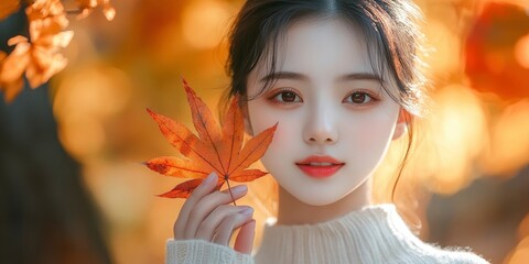 Wall Mural - Handsome beautiful asian girl model in the fall season autumn landscape sunny day, trees and leaves background, with maple leaf in her hands