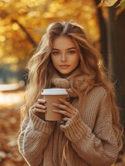 Wall Mural - Handsome beautiful girl model in the fall season autumn landscape sunny day, trees and leaves background, with hot paper glass of coffee in her hands