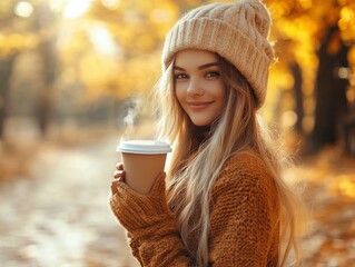 Wall Mural - Handsome beautiful girl model in the fall season autumn landscape sunny day, trees and leaves background, with hot paper glass of coffee in her hands