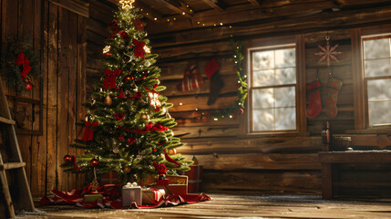 Wall Mural - Cozy log cabin with christmas tree and snow falling outside, creating a warm and festive ambiance