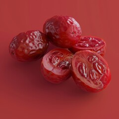 Poster - Red fruits cut in half on a red background.