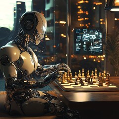 Robot playing chess with human in futuristic apartment, dramatic lighting, 3D illustration