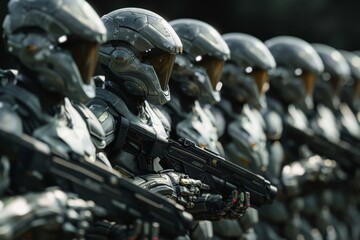 Wall Mural - A group of robots walking together along a city street, showcasing their metallic bodies and advanced designs, A group of bio-engineered soldiers with enhanced strength and agility, AI generated