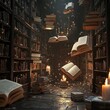 © Charoen - Magical library with floating books and candles.