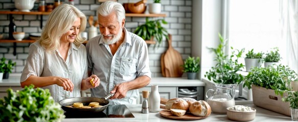 Couple cooking in kitchen. Happy senior man and woman at home cooking healthy food, potato pancakes. Old people with vegan dinner. Mature family lifestyle. Senior retired couple cook meal together