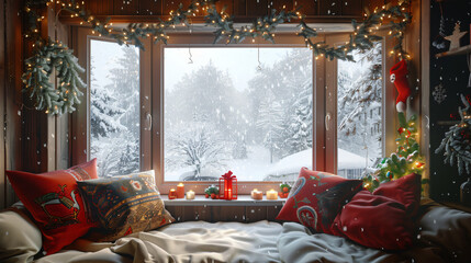 Aufkleber - Cozy bedroom decorated for christmas overlooking a snowy forest with lit candles on the window sill