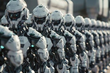 Wall Mural - A diverse assembly of robots walking side by side on a street, highlighting their unique features and technological designs, A group of cybernetically enhanced soldiers marching in formation,