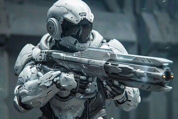 A cutting-edge robot stands in the rain, its polished exterior shimmering as raindrops fall around it in a futuristic setting, A high-tech soldier equipped with advanced weaponry and armor