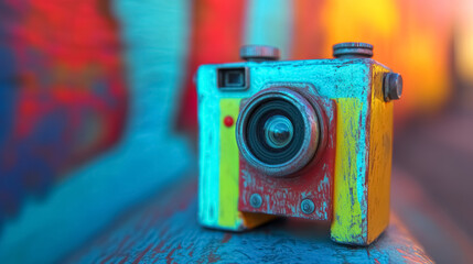  vintage camera on colorful abstract background for artistic photography concept