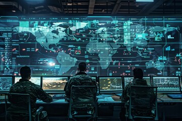 A futuristic digital landscape representing advanced cybersecurity technologies and innovations safeguarding data and networks, A holographic command center coordinating military operations, 