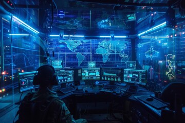 A conceptual image illustrating the evolution of cybersecurity, featuring digital locks and protective measures in a modern setting. A holographic command center coordinating military operations, 