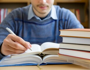 Student studying with books, showcasing education, learning, and academic effort.